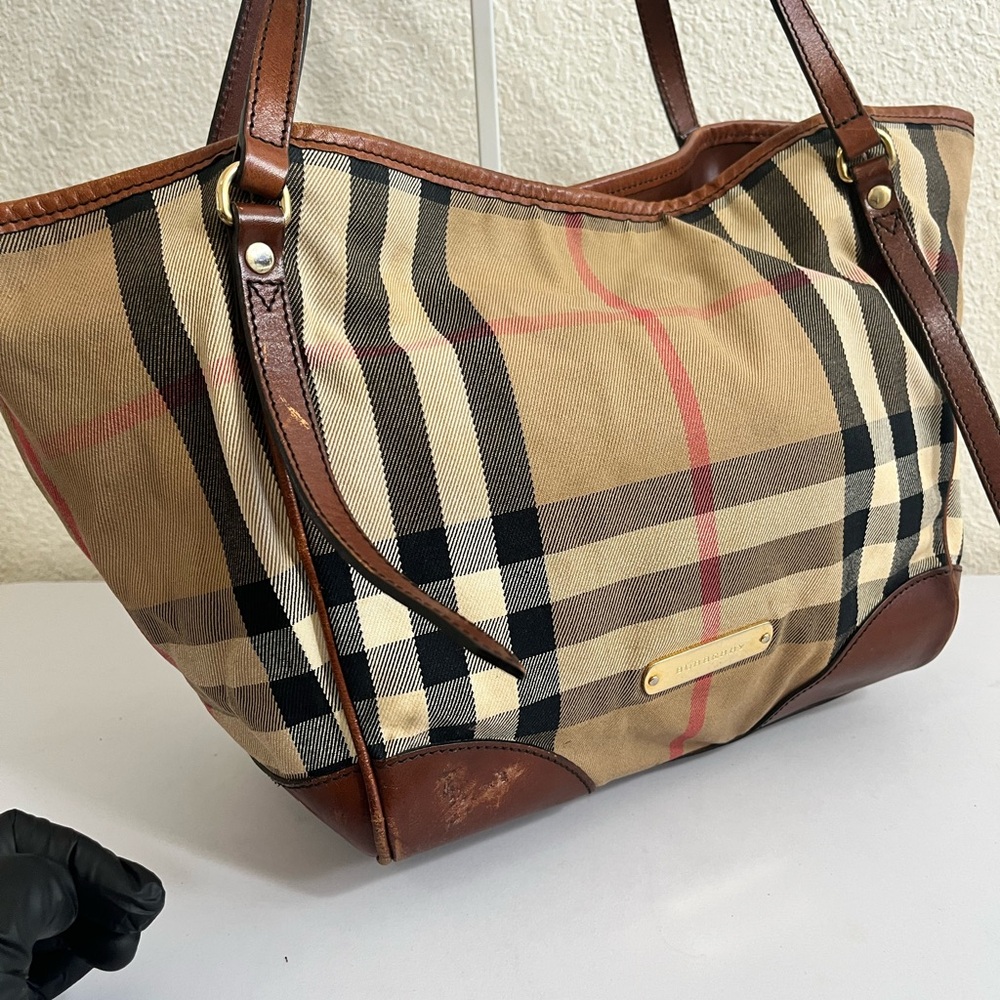 Burberry Tan Check Canvas Tote with Brown Leather Trim - Picture 16 of 16